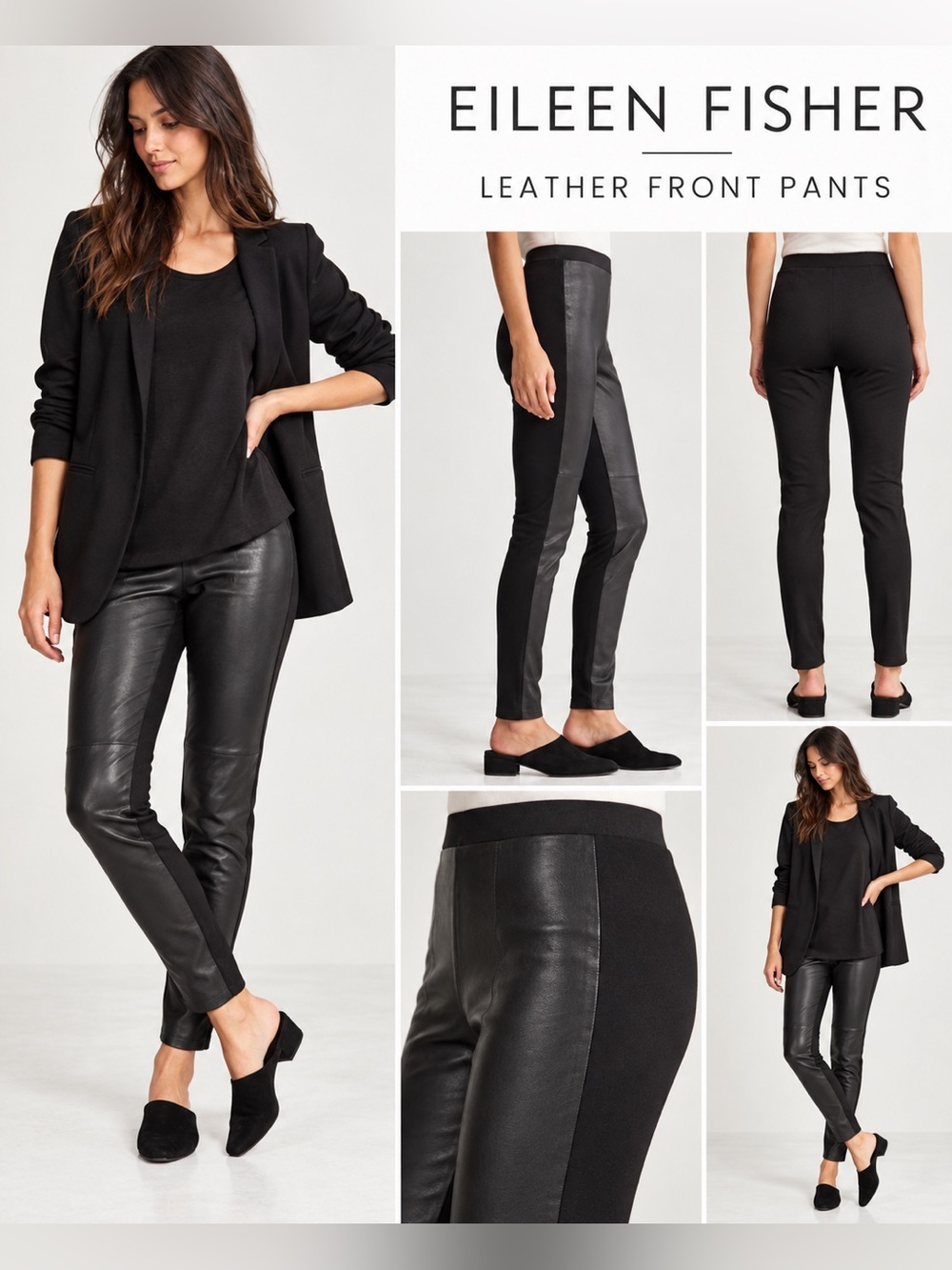 Eileen Fisher 100% Leather Front Pants Womens M Black Stretch Skinny Leggings